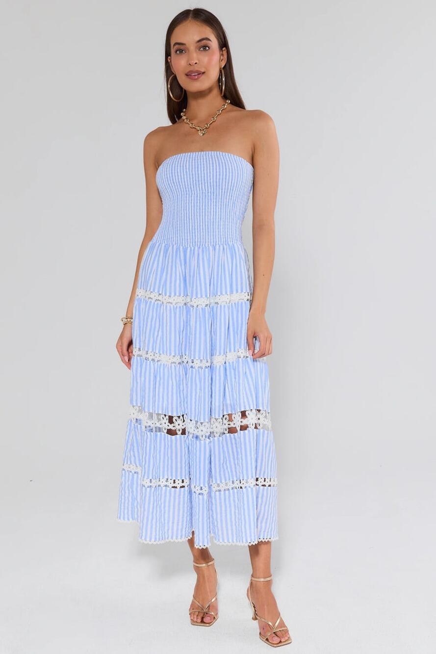 Strut & Bolt Blue White Striped Strapless Lace Tiered Midi Maxi Dress Small